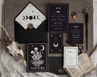 Modèle d’invitation de mariage noir, téléchargement instantané des invitations de mariage de tarot, modèle imprimable d’invitation de mariage goth, invitations squelettes