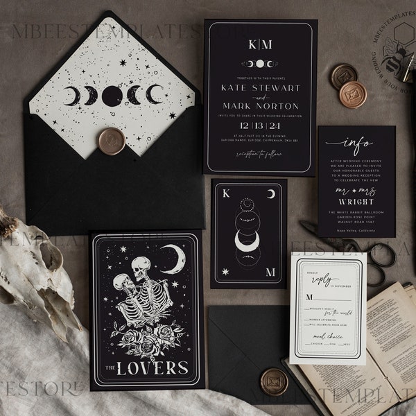 Modèle d’invitation de mariage noir, téléchargement instantané des invitations de mariage de tarot, modèle imprimable d’invitation de mariage goth, invitations squelettes