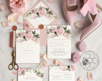 May include: Wedding invitation suite with pink floral designs. The invitation features the names Martha Smith and Robert Johnson, with the text "Together with their families". The RSVP card includes the text "Please Reply" and a space for guests to indicate their attendance. The details card includes the text "Details" and the location of the wedding, "The Garden Valley Hotel Resort".