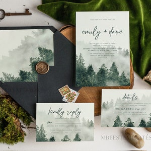 Modèle d’invitation de mariage de verdure forestière, téléchargement instantané d’invitations de mariage simples de montagne, modèle imprimable d’invitation de mariage vert
