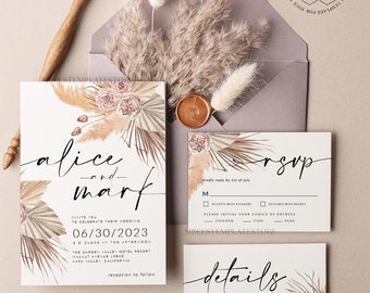 Elegant Boho wedding Invitations Set Template, Instant Download Printable Invites Home Printing, Simple Rustic Wedding Invitation Card Set