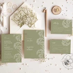 Sage Green wedding invitation template, Instant download Greenery Wedding Invites Rustic gypsophila Garden Wedding Invitations Set Printable