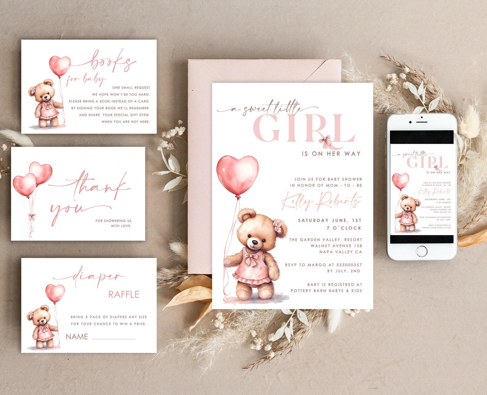 Teddy Bear Baby Girl Shower Invitation Template Set Girl on - Etsy