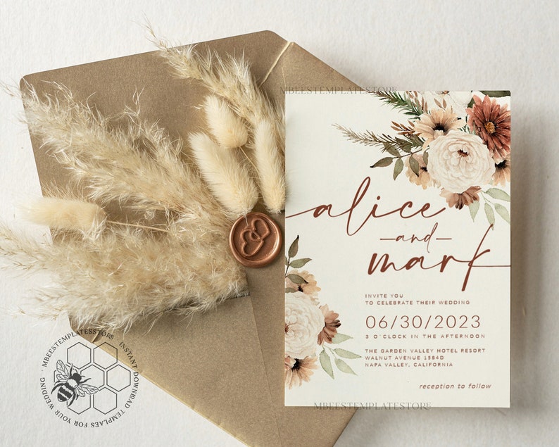 Boho Ivory wedding Invitations Set Template, Instant Download Printable Invites Home Printing, Simple Boho Wedding Invitation Card Set