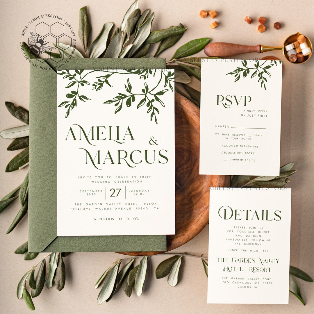 Olive Wedding Invitation Template Instant Download, Tuscany Wedding
