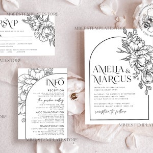 Boho Florals white wedding Invitations Set Template, Instant Download Printable Invites Home Printing, Arch Floral Wedding Invitation Card