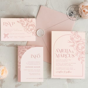 Boho Blush Pink wedding Invitations Set Template, Instant Download Printable Invites Home Printing, Arch Floral Wedding Invitation Card