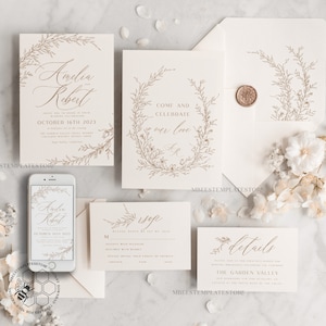Fine Art Beige wedding Invitations Evite Set Template, Instant Download Printable Invites Home Printing, Boho Chick Invitation Set WBoho17