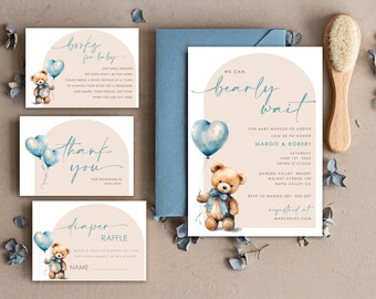 Teddy Bear Baby Boy Shower Invitation Template Set We Can Bearly Wait Diapper Raffle Books Arch Instant Download Blue editable invite