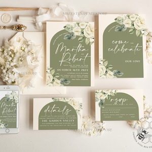 Boho Arch wedding Invitations Evite Set Template, Instant Download Printable Invites Home Printing, Sage Green Garden Invitation Set WBoho13