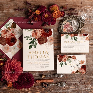 Boho fall wedding Invitations Set Template, Instant Download Printable Invites Home Printing, Terracotta Autumn Fine Art Cards Set, Mb1