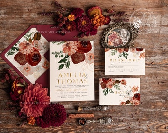 Boho fall wedding Invitations Set Template, Instant Download Printable Invites Home Printing, Terracotta Autumn Fine Art Cards Set, Mb1