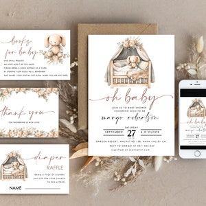 Bunny Gender Neutral Baby Shower Invitation Template, Floral Crib Instant Download Printable Invites Home Printing, Simple modern Card Set