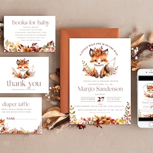 Editable Fall Baby Shower Invitation Template Little wild one on the way Diapper Raffle Books Instant Download Invite Gender Neutral fox