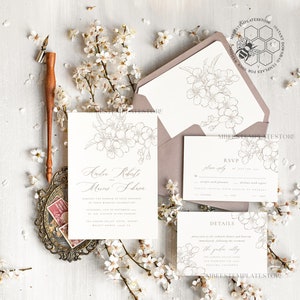 Modern Beige wedding Invitation Template, Elegant Instant Download Printable Invites Home Printing, Boho Cherry Wedding Invitation Card Set