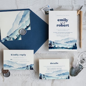 Blue Mountain wedding invitation template, Instant download Mountain Simple Wedding Invites, Forest Wedding Invites Printable Template