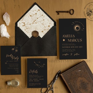Moon wedding invitation template, Instant download Tarot Invites, Moon phase black and gold Invitation Printable Templates