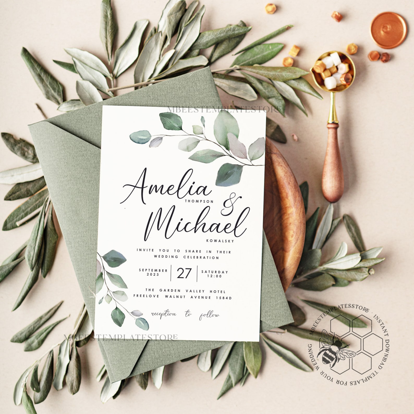 Sage Green Wedding Invitation Template, Instant Download Greenery ...