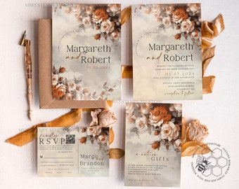 Op de afbeelding: Huwelijksuitnodigingsset met een bloemenontwerp. De uitnodigingen zijn wit met een aquarel achtergrond van beige en bruine rozen. De tekst op de uitnodigingen luidt "Margareth en Robert" en bevat de datum van de bruiloft. De RSVP-kaart heeft een QR-code en de tekst "Kindly RSVP".