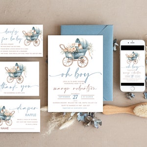 Stroller Baby Boy Shower Invitation Template Set Oh boy is on the way Diapper Raffle Books Arch Instant Download Dusty Blue editable invite