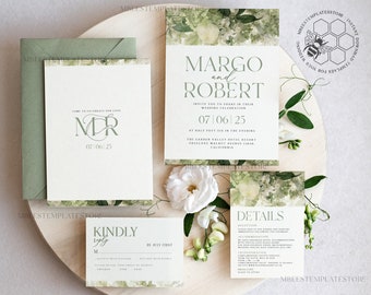 Green wedding Invitations Set Template, Instant Download Printable Invites Home Printing, Modern Botanical Wedding Invitation Cards