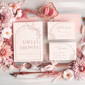 Elegant Arch wedding Invitation Template, Instant Download Printable Invites Home Printing Pink Boho Wedding Invites Card Set Template, WB14