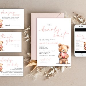 Gender Neutral Teddy Bear Baby Boy Shower Invitation Template Set We Can Bearly Wait Diaper Raffle Books, Instant Download Editable Invites