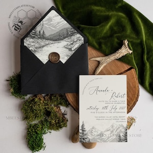 Forest black white wedding invitation template, Instant download Mountain Simple Wedding Invites, Wedding Invitation Printable Template