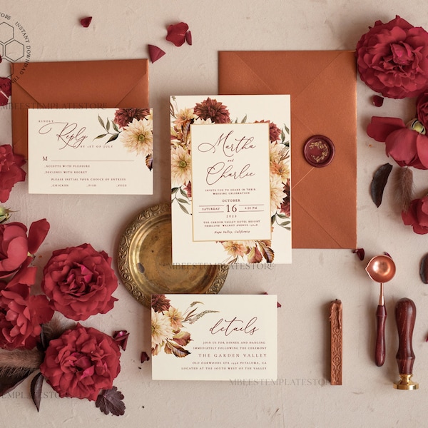Terracotta Fall wedding invitation template, Instant download Boho Invites, Autumn Maroon Burnt Orange Invitation Printable Templates, fal1