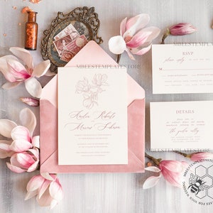Elegant Spring wedding Invitation Suite, Blush Template Instant Download Printable Invites, Home Printing Pink Modern Wedding Cards Set
