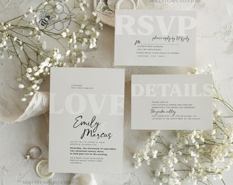 Modern wedding Invitations Set Template, Instant Download Printable Invites Home Printing, Simple  Wedding Invitation Card
