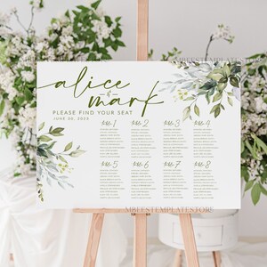 Greenery wedding Table Plan sign template, Wedding Seating Chart Template, Printable Seating Chart Wedding, Chart Sign Poster, WGreen4