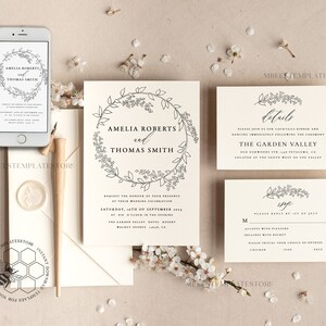 Fine Art Wreath wedding Invitations Evite Set Template Instant Download Printable Invites Home Printing Boho Chick Invitation Smartphone Set