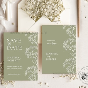 Sage Green save the date card template, Instant download Greenery save the date card, Rustic gypsophila save the date cards Set Printable