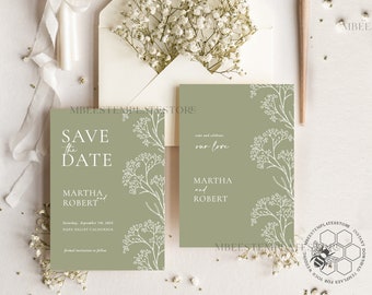 Sage Green save the date card template, Instant download Greenery save the date card, Rustic gypsophila save the date cards Set Printable