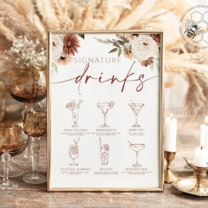 Boho drink bar menu template, Drinks Signs editable, Instant download Modern Table Signs Garden Wedding Menu Sign  Printable, WBoho10