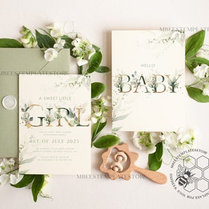 Floral Baby Girl Shower InvitationTemplate, Instant Download Printable Invites Home Printing, Simple modern baby shower  Card Set