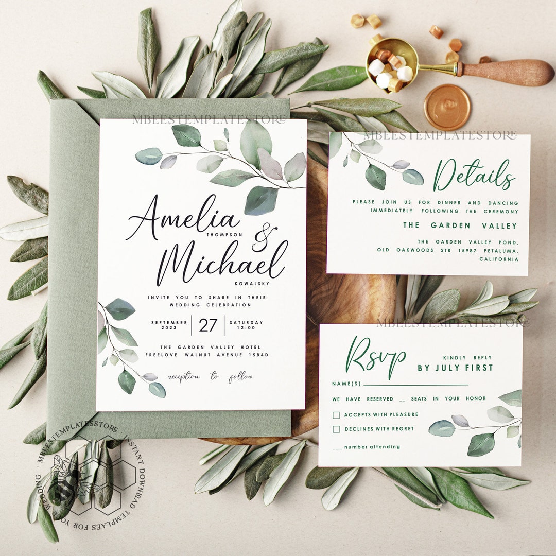 Sage Green Wedding Invitation Template Instant Download Etsy