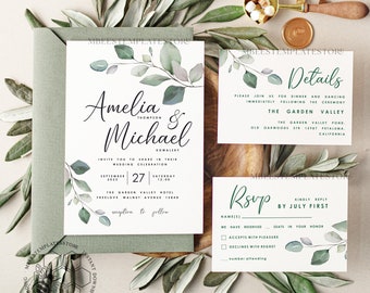 Sage Green wedding invitation template, Instant download Greenery Wedding Invites, Eucalyptus  Garden Wedding Invitation Printable