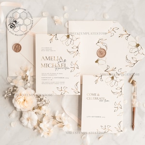 Modèle d’invitation de mariage en or fine art, téléchargement instantané invitations de mariage Boho, modèle imprimable d’invitation simple invitations élégantes IVR55