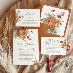 Boho fall wedding Invitations Set Template, Instant Download Printable Invites Home Printing, Terracotta Fine Art Invitation Card Set, Atm2