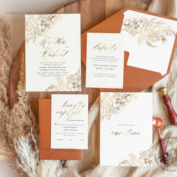 Fine art gold  wedding invitation template, Instant download Boho Wedding Invites,  Invitation Printable Template Elegant Invites
