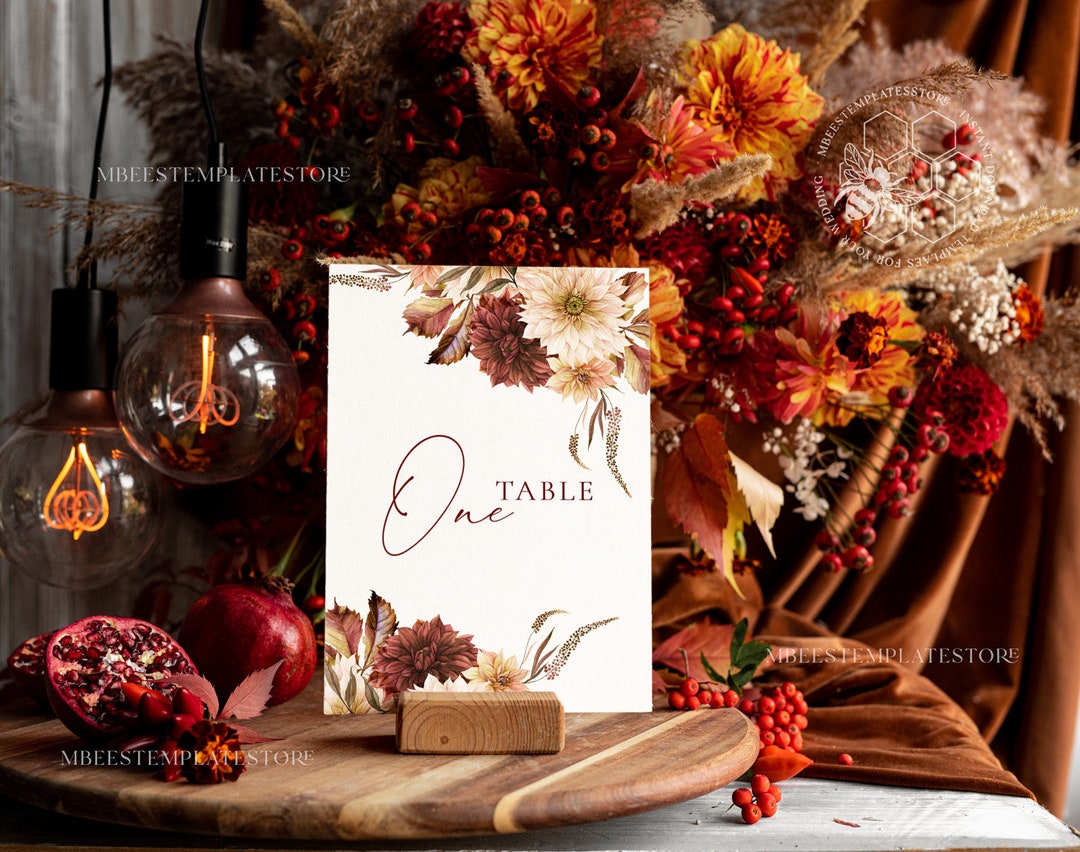 Fall Maroon Table Number Template Dhalias Table Numbers Editable ...