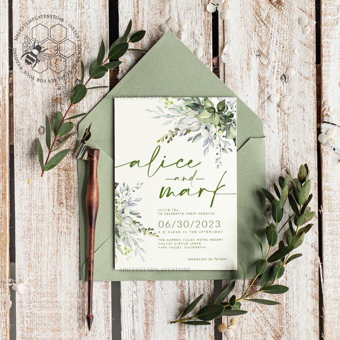 Sage Green Wedding Invitation Template, Instant Download Greenery ...