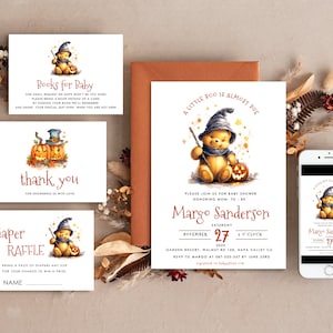 Winnie Pooh Baby Shower Invitation Digital Template Set Halloween Fall, Gender Neutral Diaper Raffle Books Instant Download Printable Invite