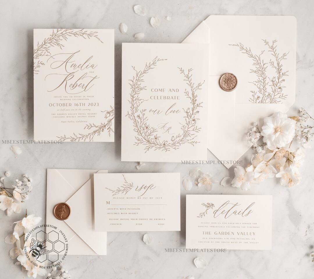 Boho Beige Wedding Invitations Set Template, Instant Download Printable