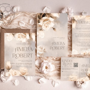 Elegant Vintage Flowers Paintig Oil wedding Invitations Set Template, Instant Download Printable Invites Home Printing, Simple Wedding Cards