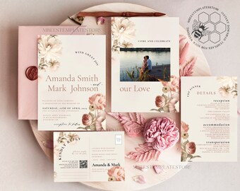 May include: A wedding invitation suite with a floral design. The invitation features a watercolor illustration of pink and white flowers with a gold and white border. The text on the invitation reads "With Great Joy, Amanda Smith and Mark Johnson, Saturday, 16th of April, 2023". The RSVP card features a QR code and the text "Kindly Reply".