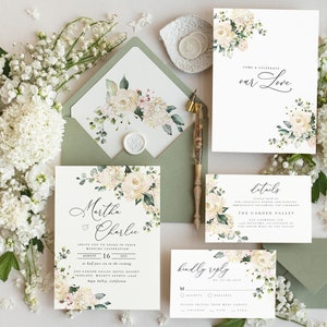 Blumen-Hochzeitseinladungs-Set-Vorlage, sofortiger Download druckbarer Einladungen zum Heimdrucken, einfaches Boho-Hochzeitseinladungskarten-Set WRoses55