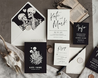 Black wedding invitation template, Instant download tarot Wedding Invites, Goth Wedding Invitation Printable Template, skeleton invites